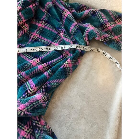 Victorias Secret Womens Sz Medium-large Plaid Fleece Robe Emerald Green Pink - Picture 5 of 10